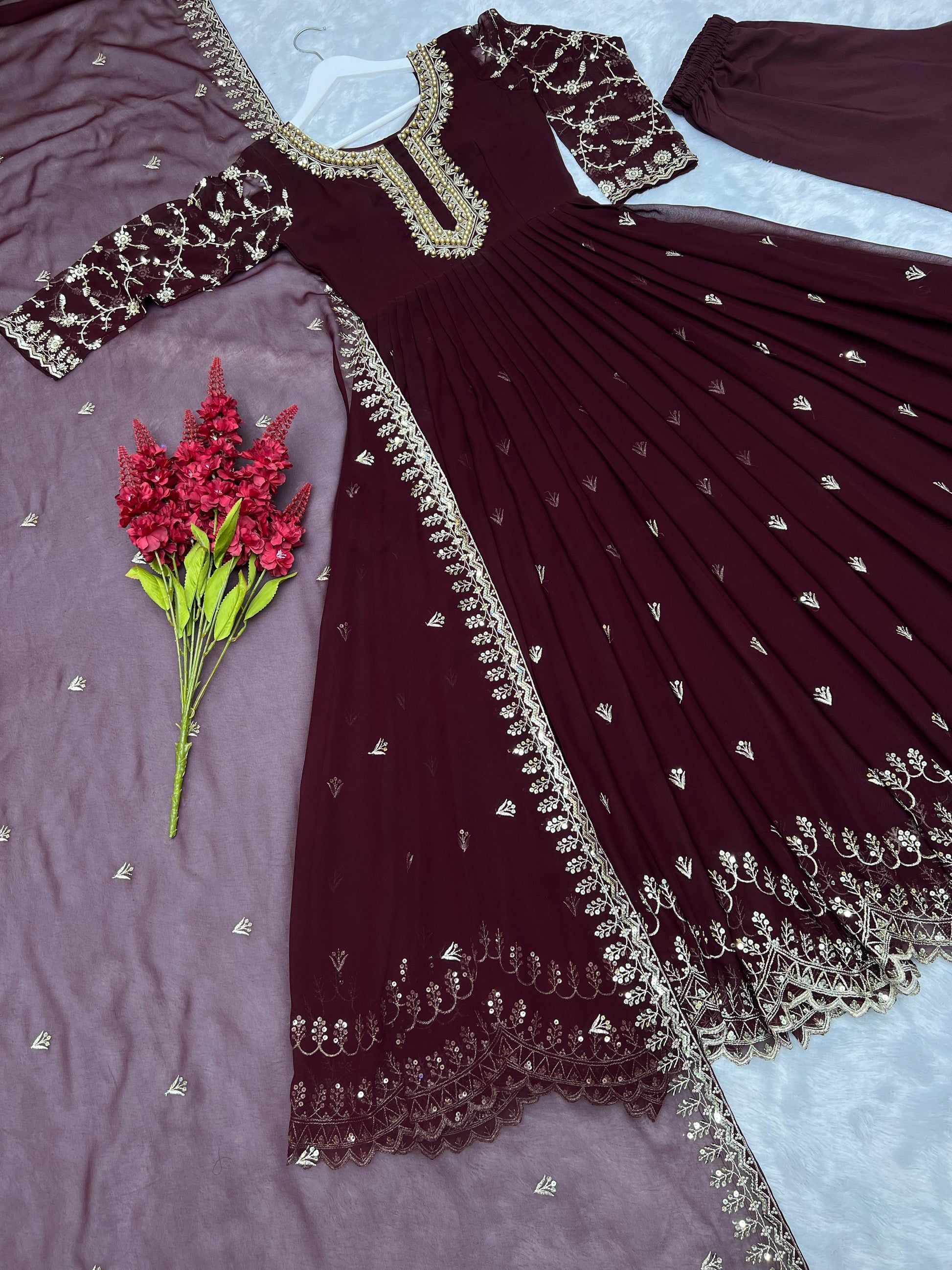Peaceful Georgette Moti Work Wine Color Gown