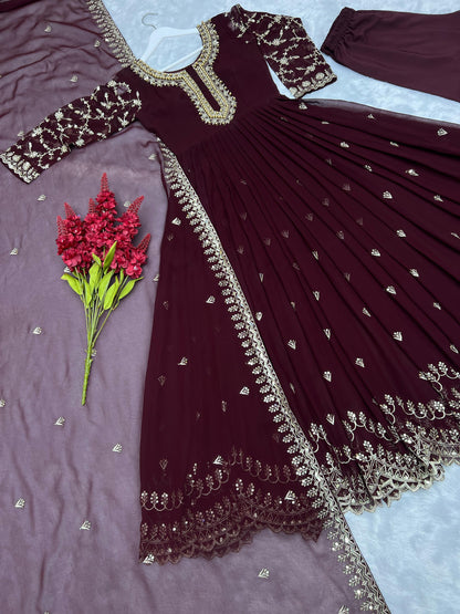 Peaceful Georgette Moti Work Wine Color Gown
