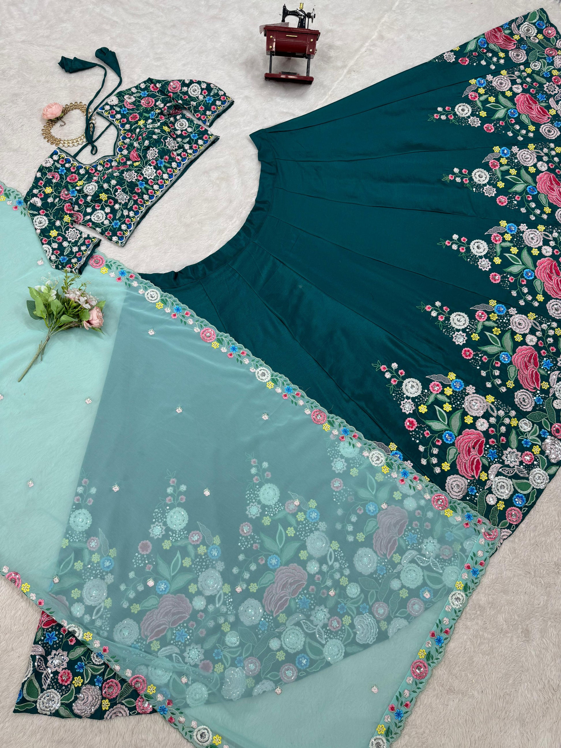 Fantastic Chinon Silk Sequence Work Green Color Lehenga Choli
