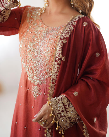 Good Looking Chinon Silk Rivet Moti Orange Color Sharara Suit