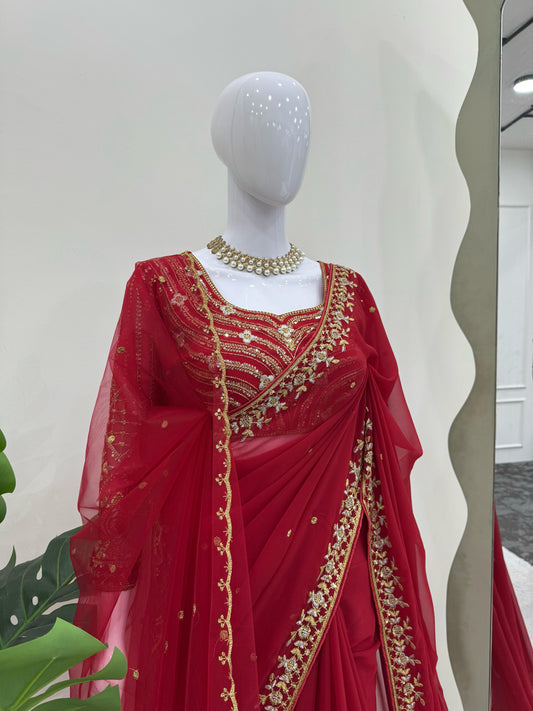 Awesome Heavy Work Red Color Saree