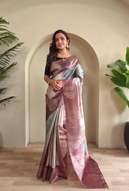 Onion Color Flower Print Silk Saree