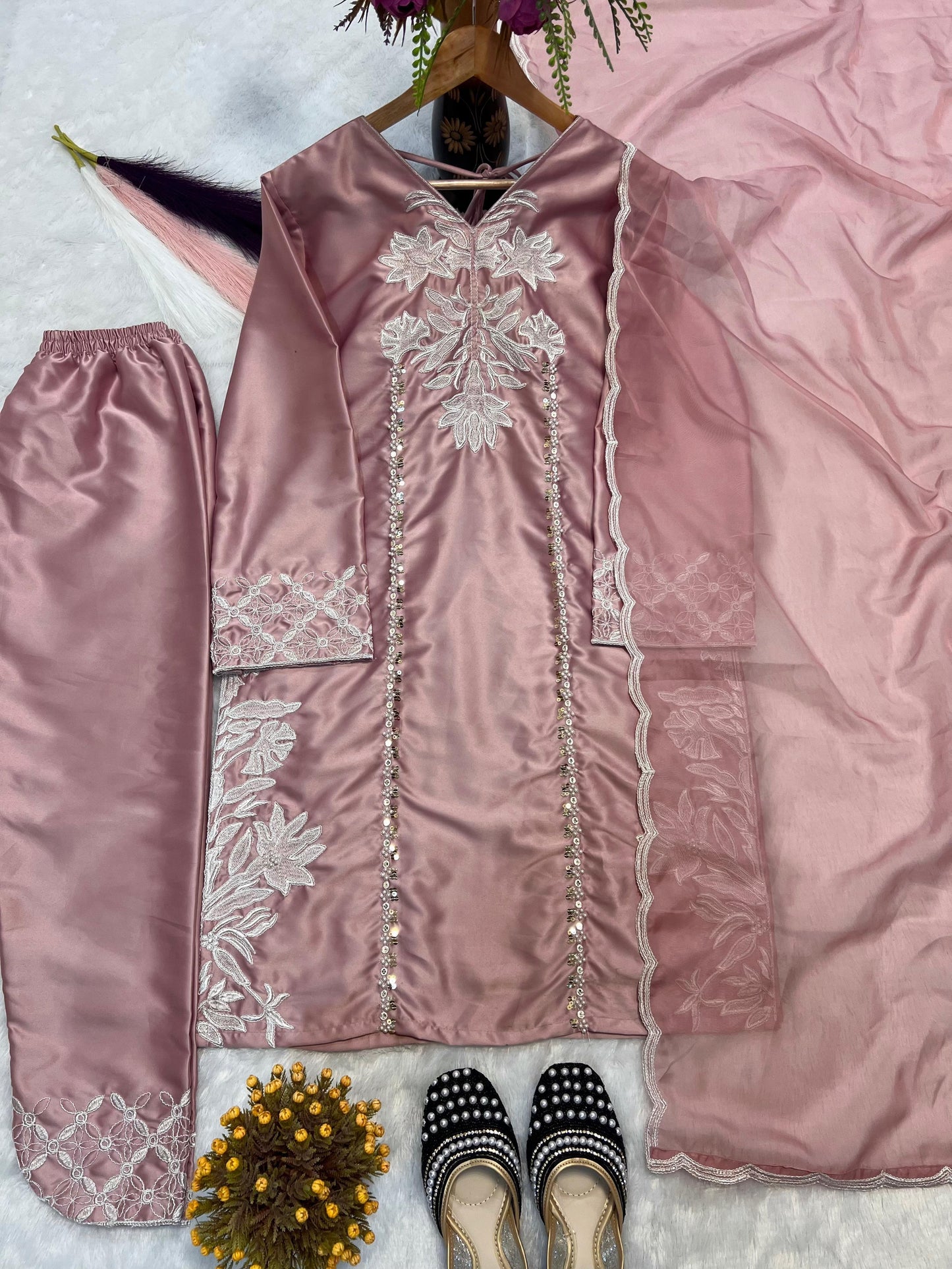 Trendy Pink Color Sequence Work Palazzo Suit