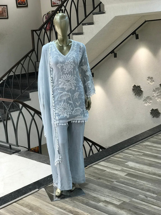 Ravishing Sky Blue Georgette Embroidery Palazzo Suit