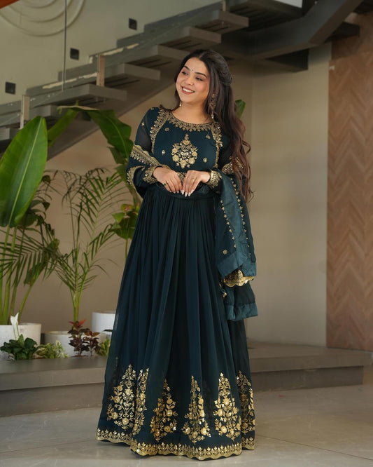 Designer Heavy Work Teal Green Color Gown