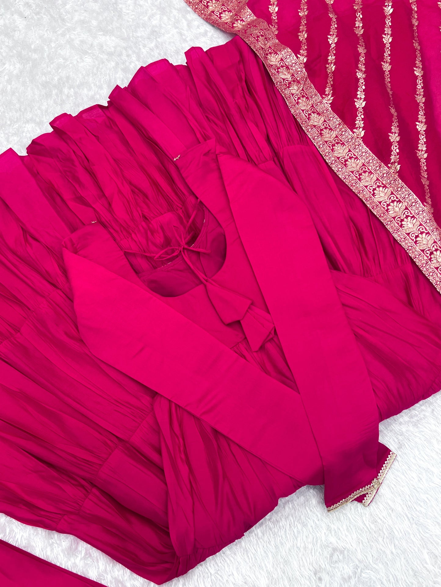 Elegant Pink Color Pure Roman Silk Chanderi Fabric Fully Flair Anarkali Gown With Dupatta