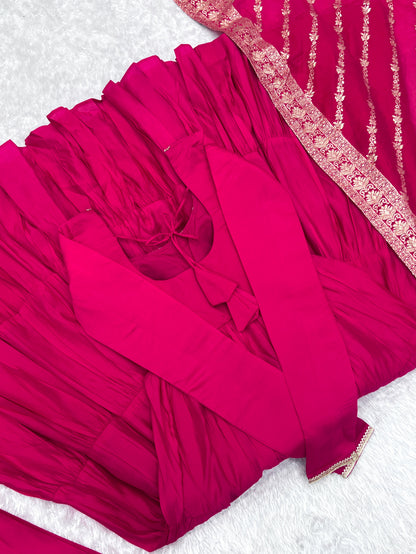 Elegant Pink Color Pure Roman Silk Chanderi Fabric Fully Flair Anarkali Gown With Dupatta