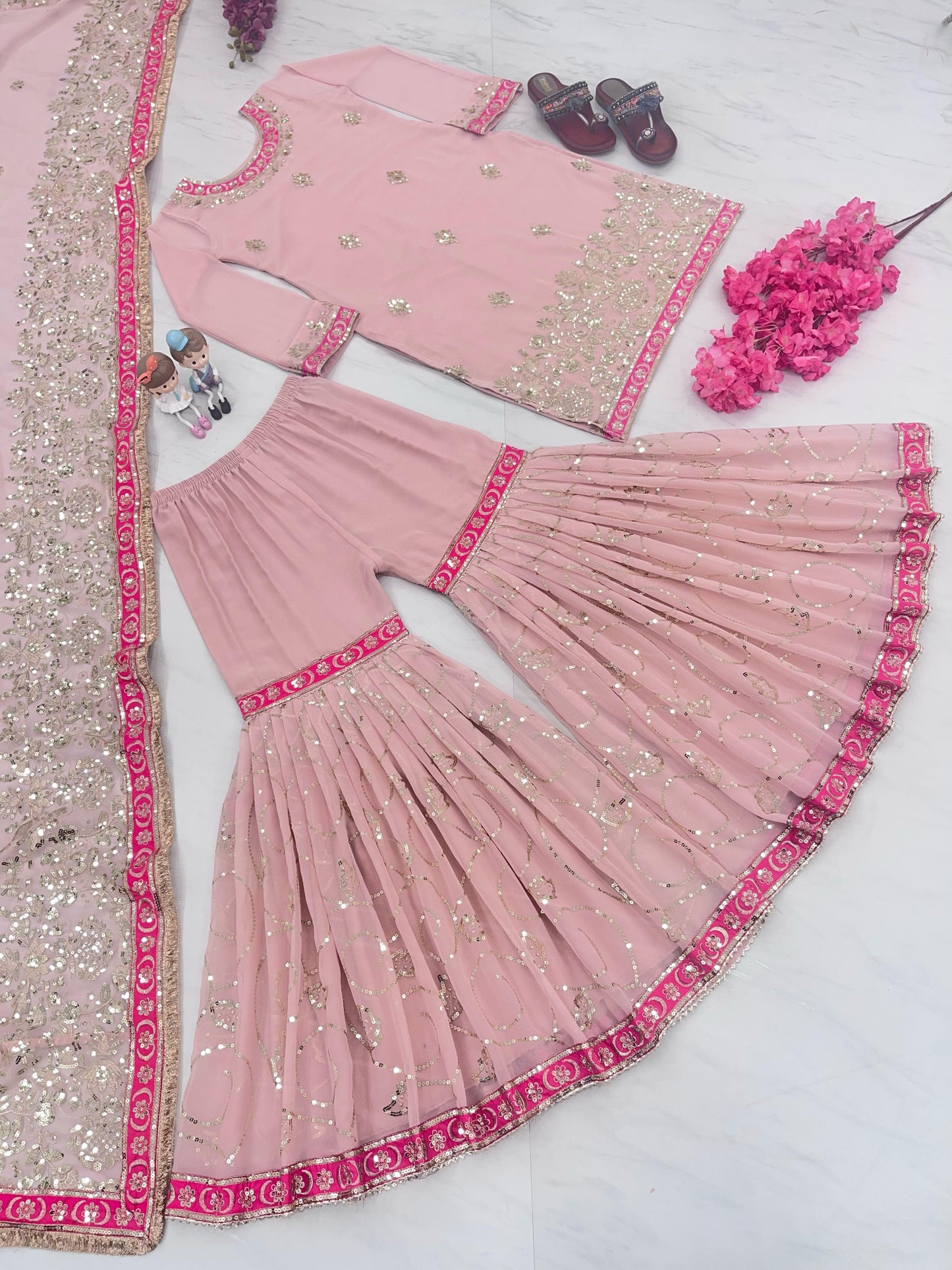 Festive Wear Sequence Work Pink Sharara Suit