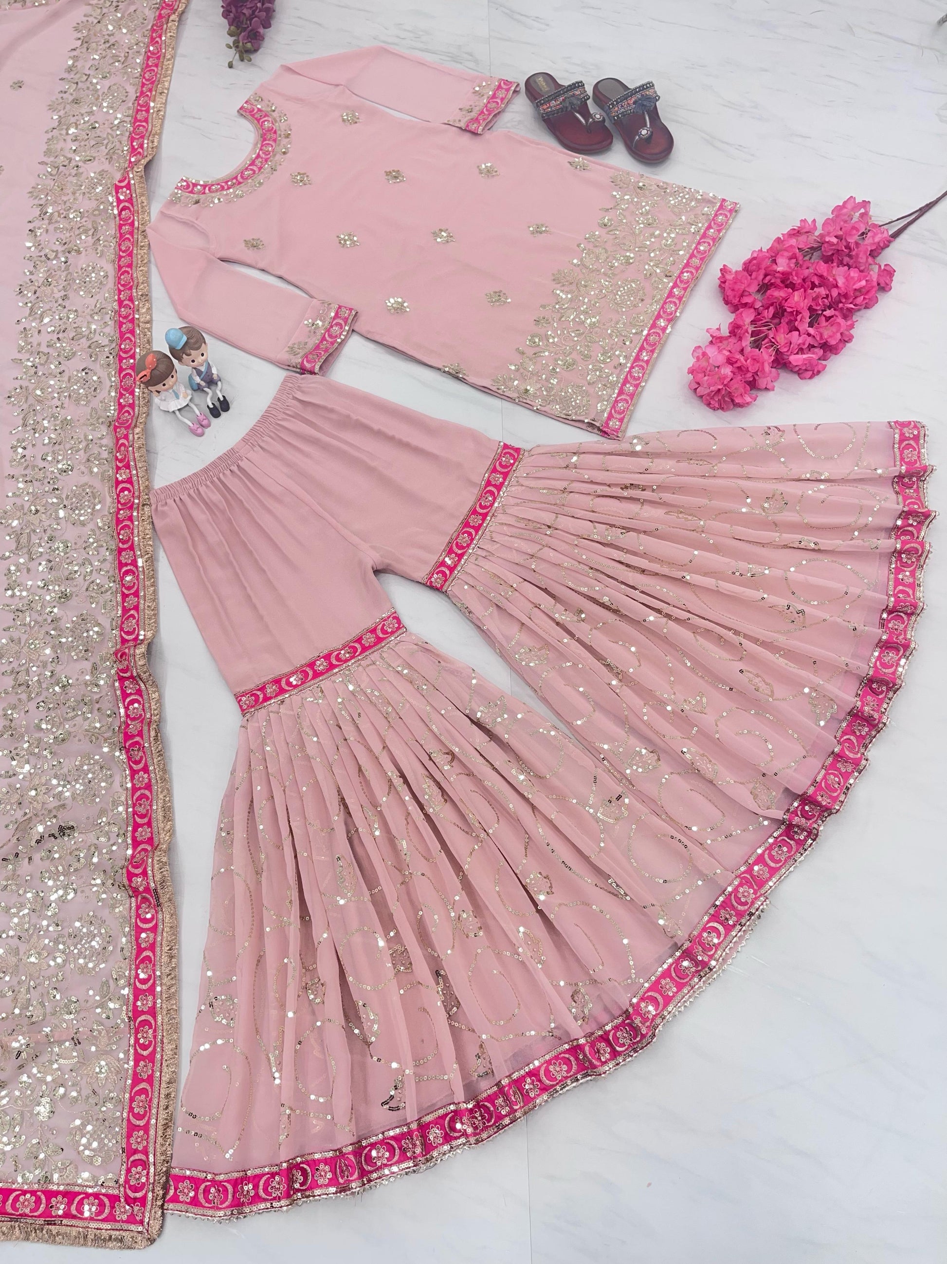 Festive Wear Sequence Work Pink Sharara Suit