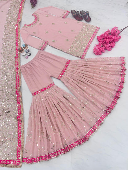 Festive Wear Sequence Work Pink Sharara Suit
