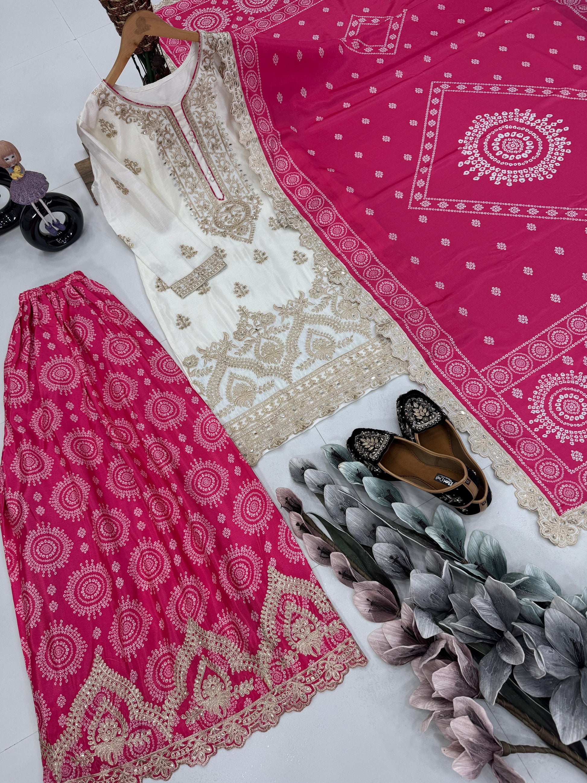 Demanding Heavy Work White Color Sharara Suit With Pink Dupatta