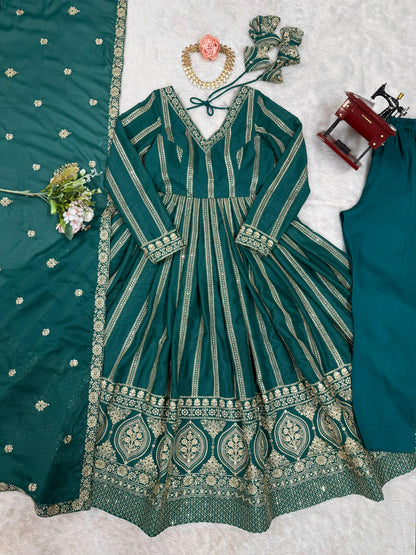 Wonderful Sequence Work Teal Green Color Gown