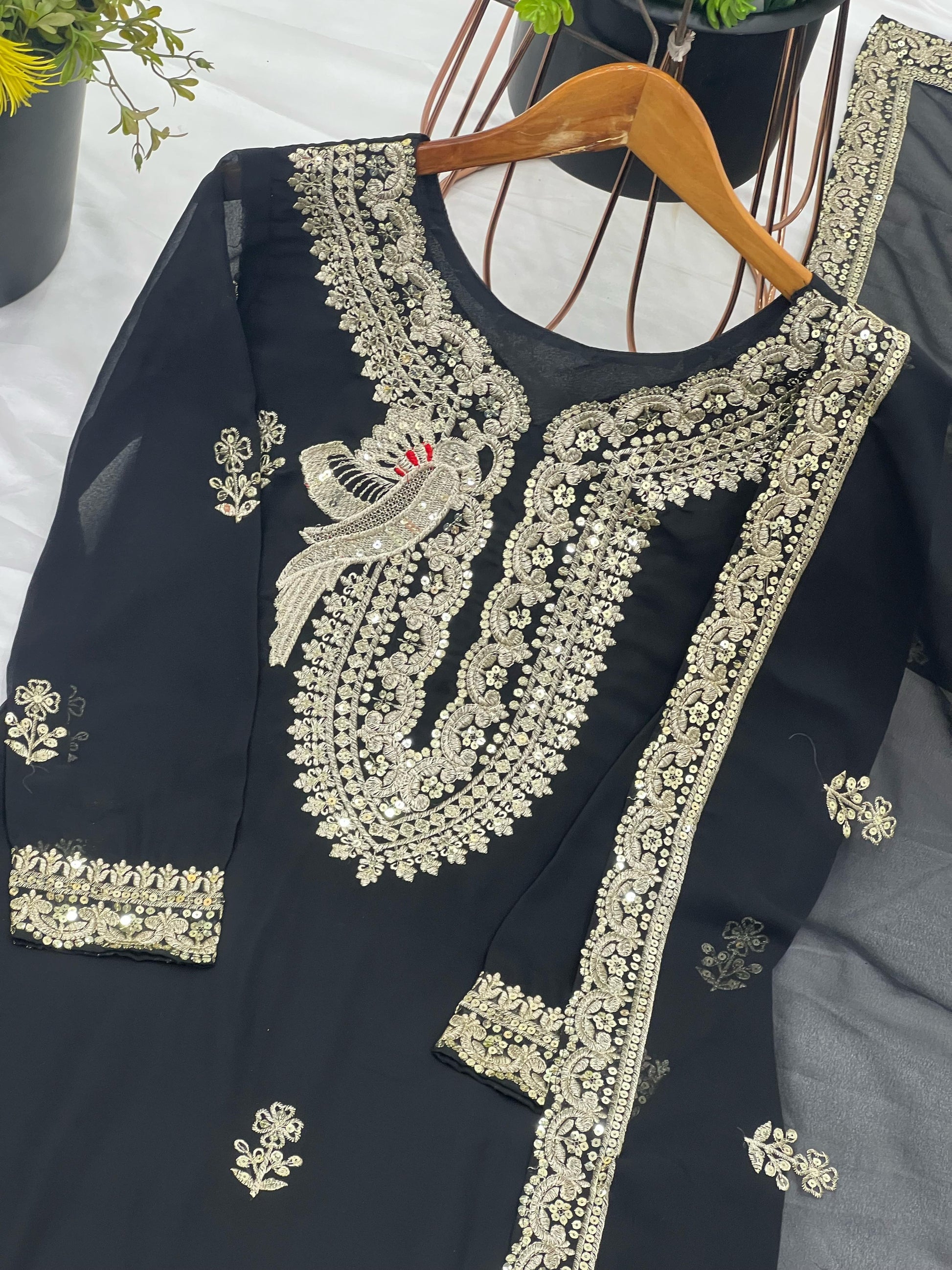 Outstanding Black Color Sequence Work Palazzo Suit