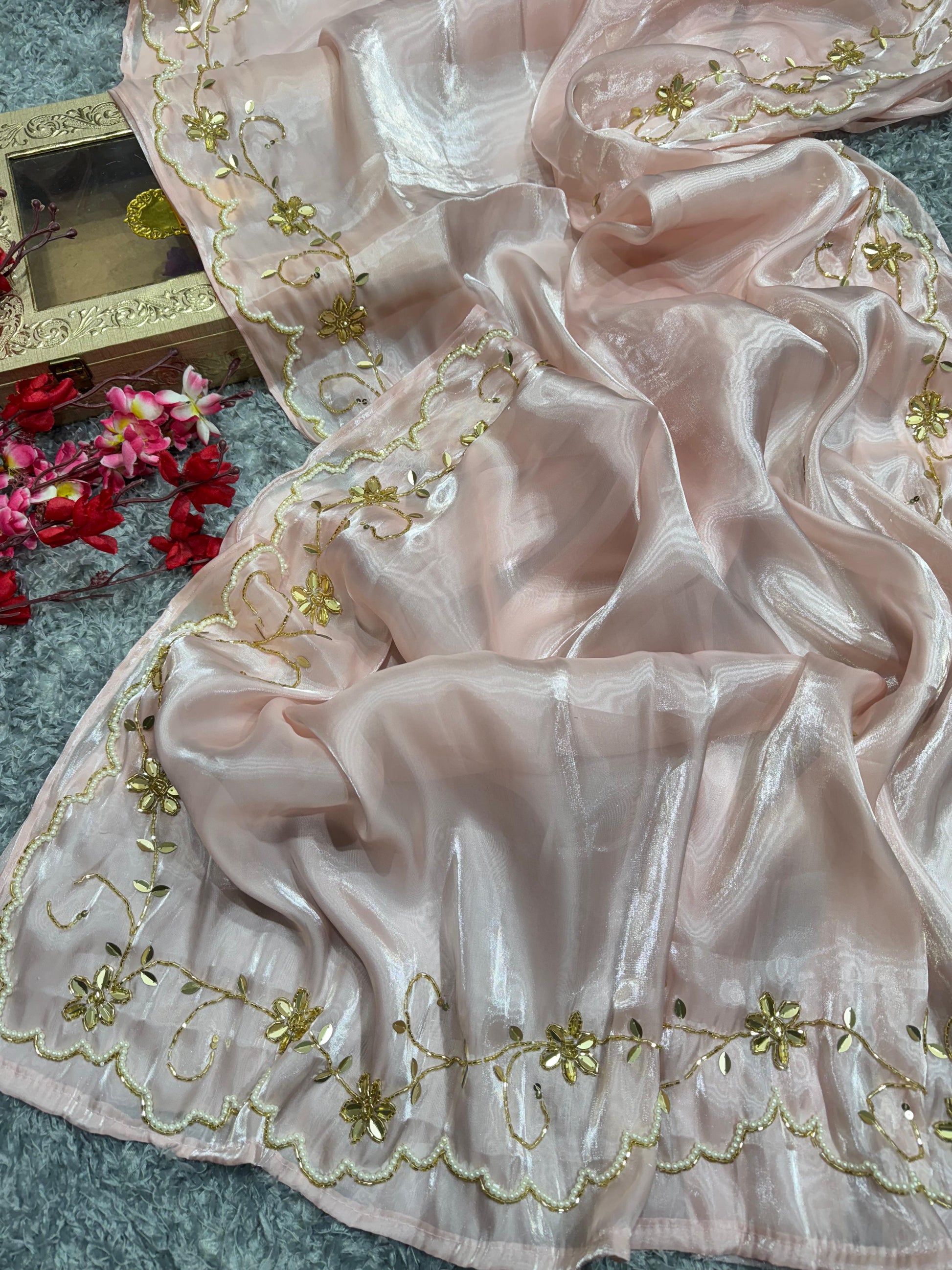 Presenting Jimmi Choo Peach Color Handwork Saree