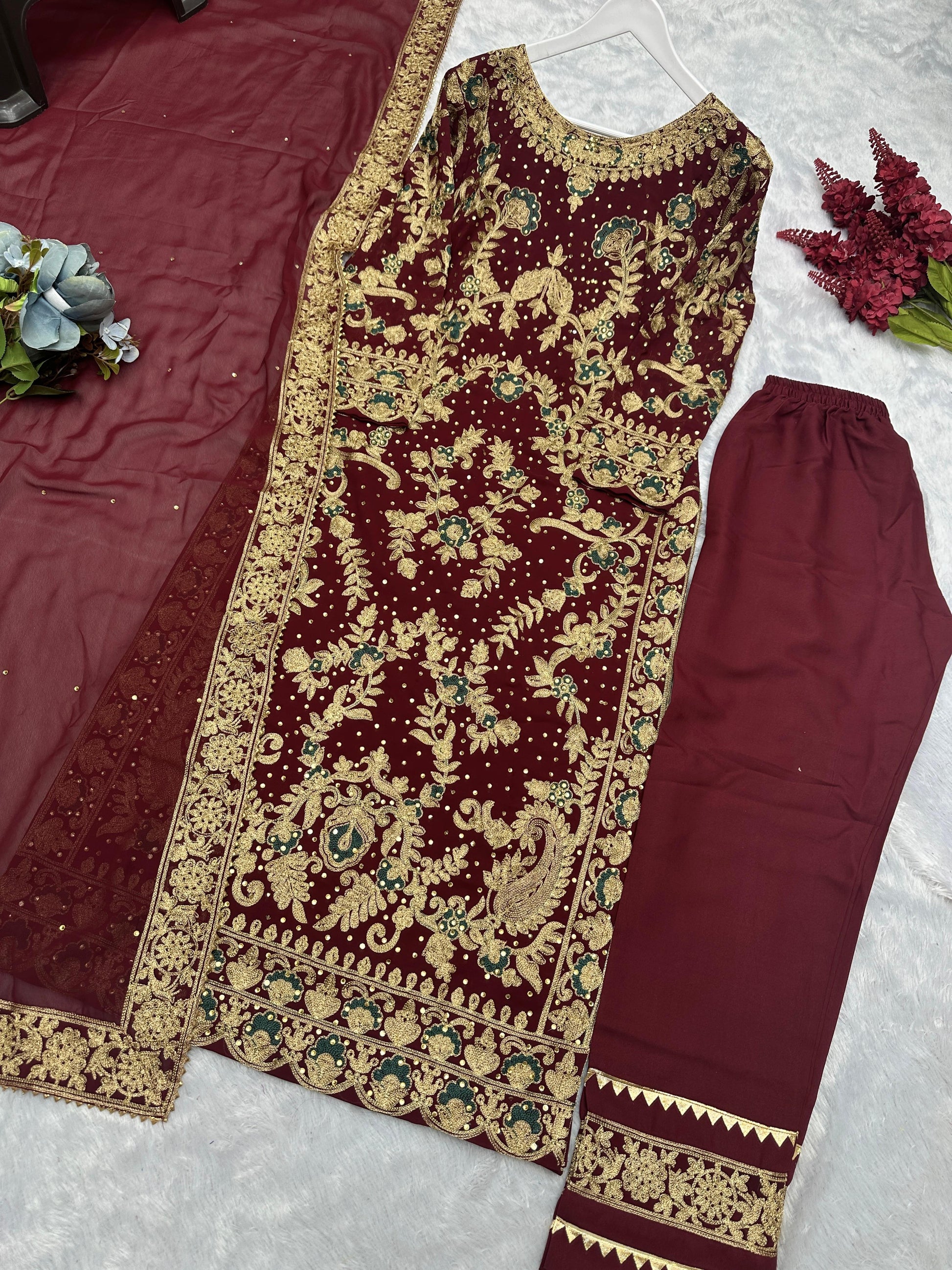 Graceful Chinnon Silk Maroon Color Palazzo Suit