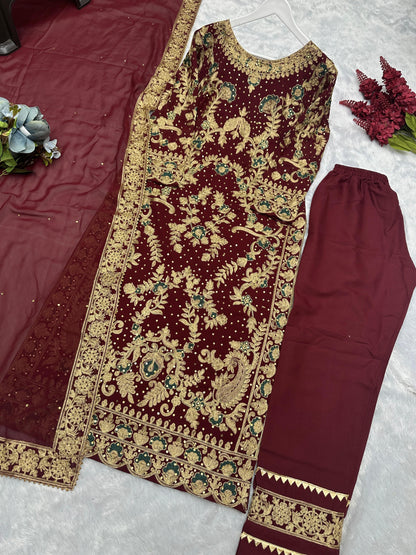 Graceful Chinnon Silk Maroon Color Palazzo Suit