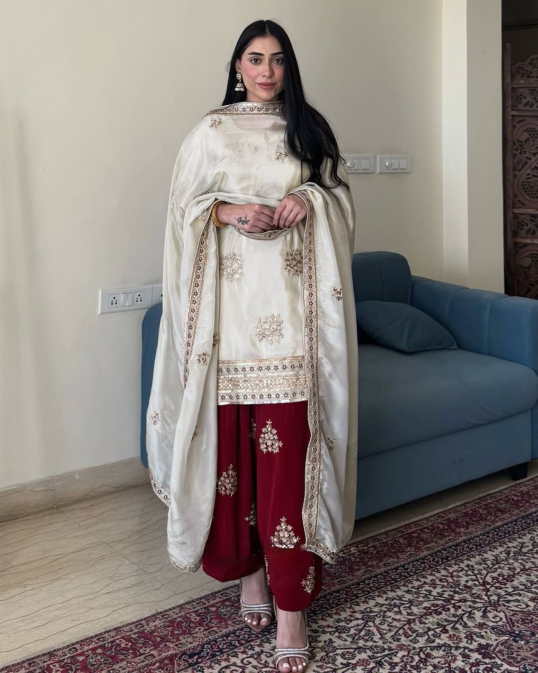Flattering White & Red Color Chinnon Silk Palazzo Suit