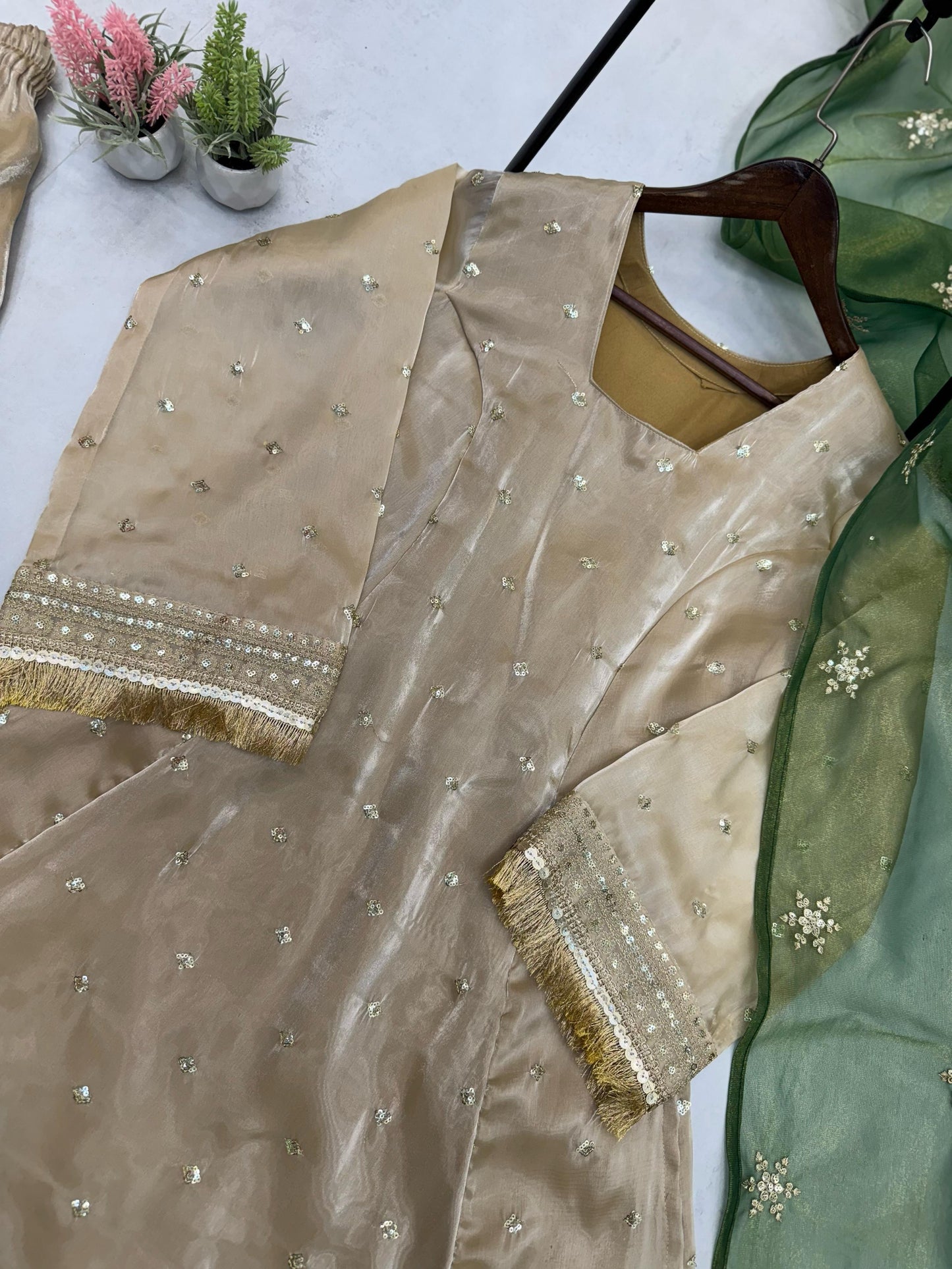 Delightful Embroidery Work Beige Color Salwar Suit With Green Dupatta