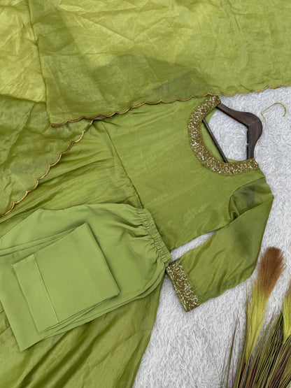 Delightful Embroidery Green Color Anarkali Gown with Dupatta