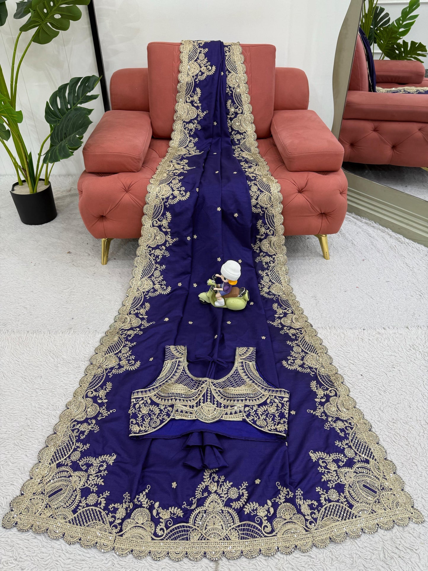 Wedding Wear Sequence Work Navy Blue Color Silk Saree