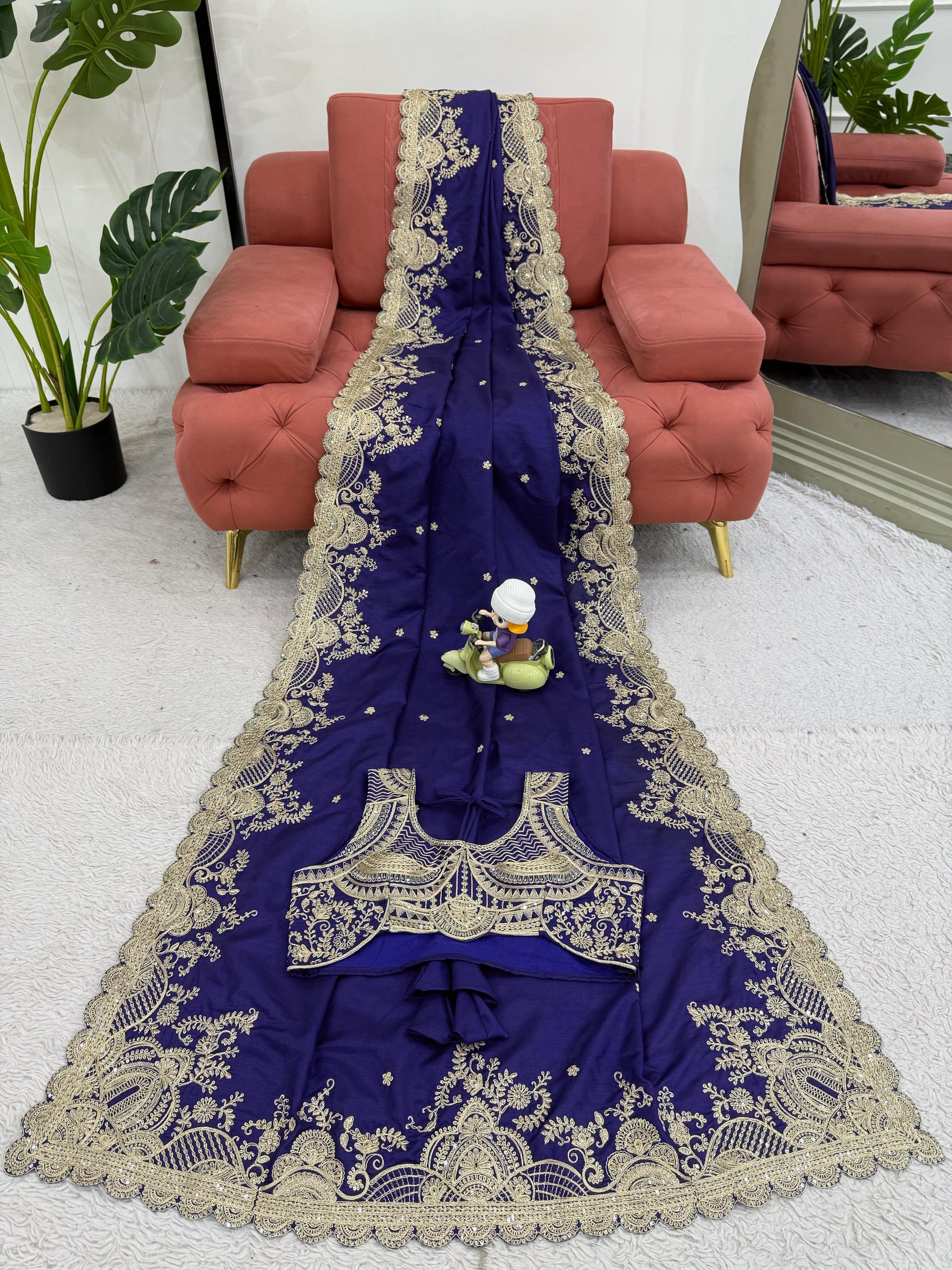Wedding Wear Sequence Work Navy Blue Color Silk Saree