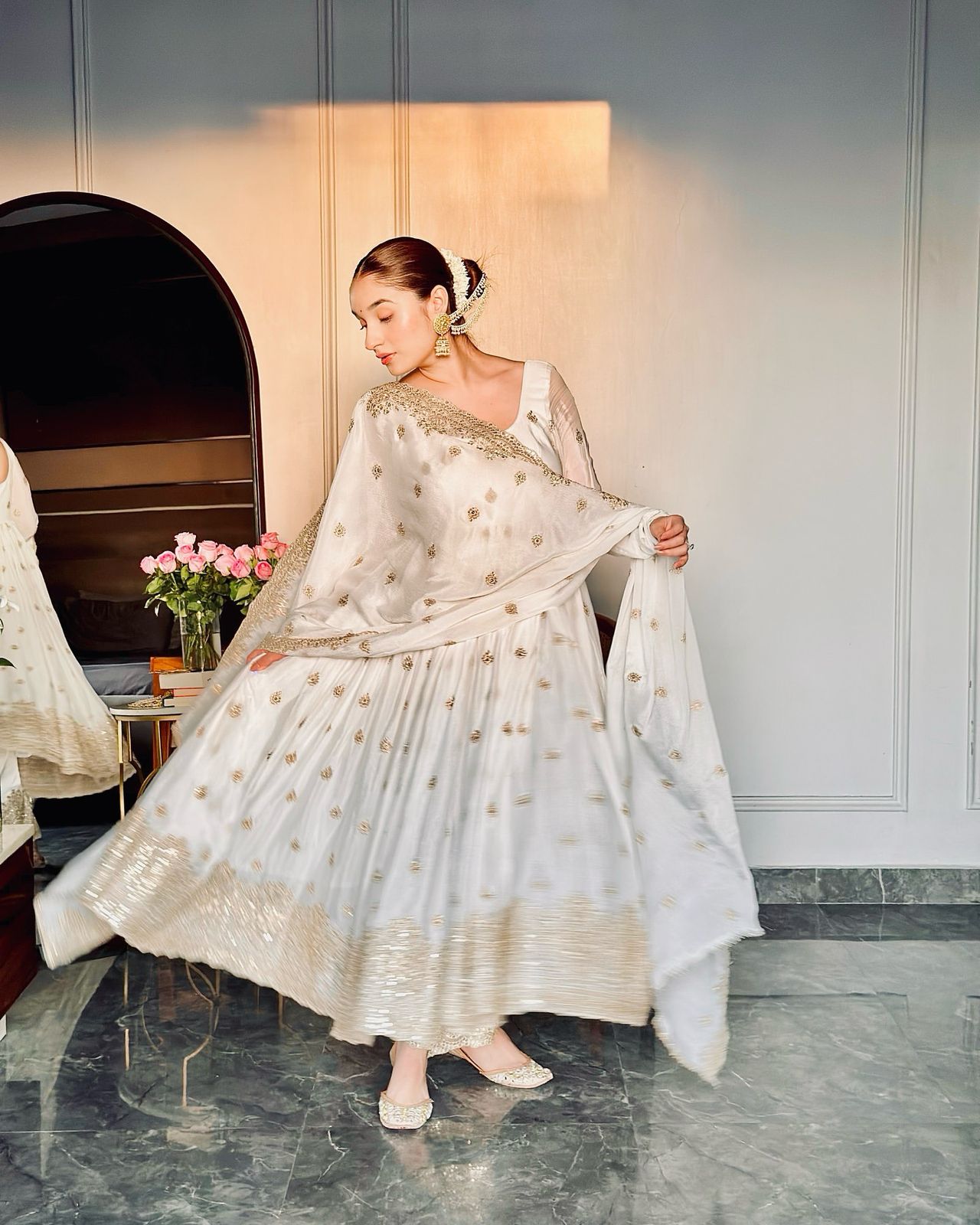 Graceful Chinon Silk White Color Sequence Work Gown