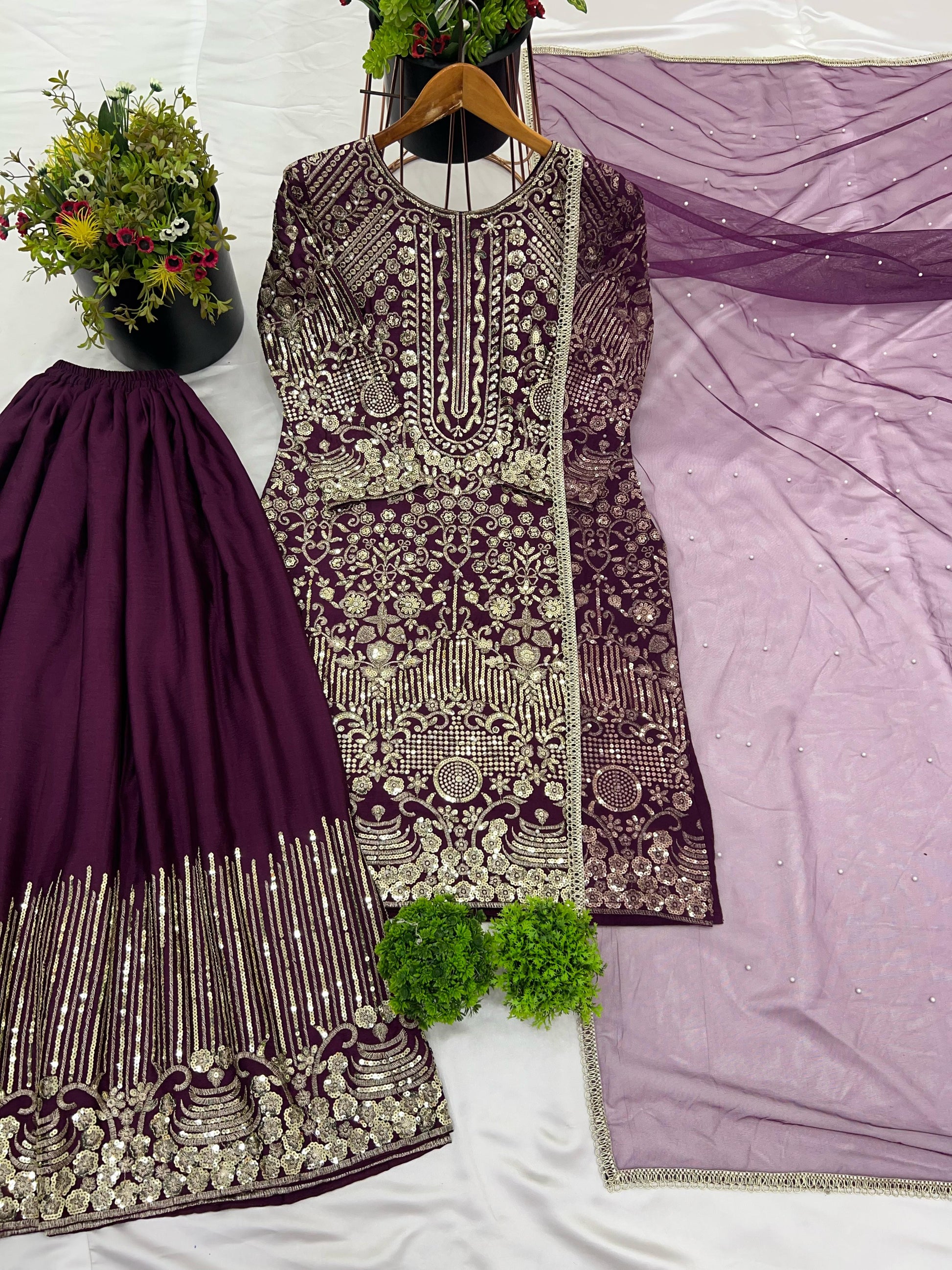Mesmerizing Sequence Work Wine Color Sharara Suit
