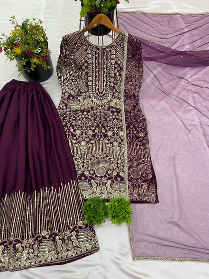 Mesmerizing Sequence Work Wine Color Sharara Suit