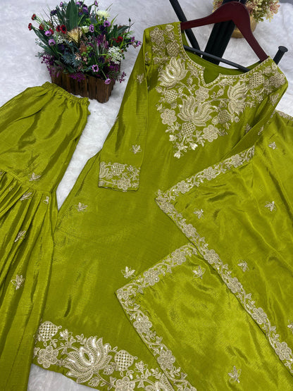 Fantastic Embroidery Coding And Sequence Work Green Color Sharara Suit
