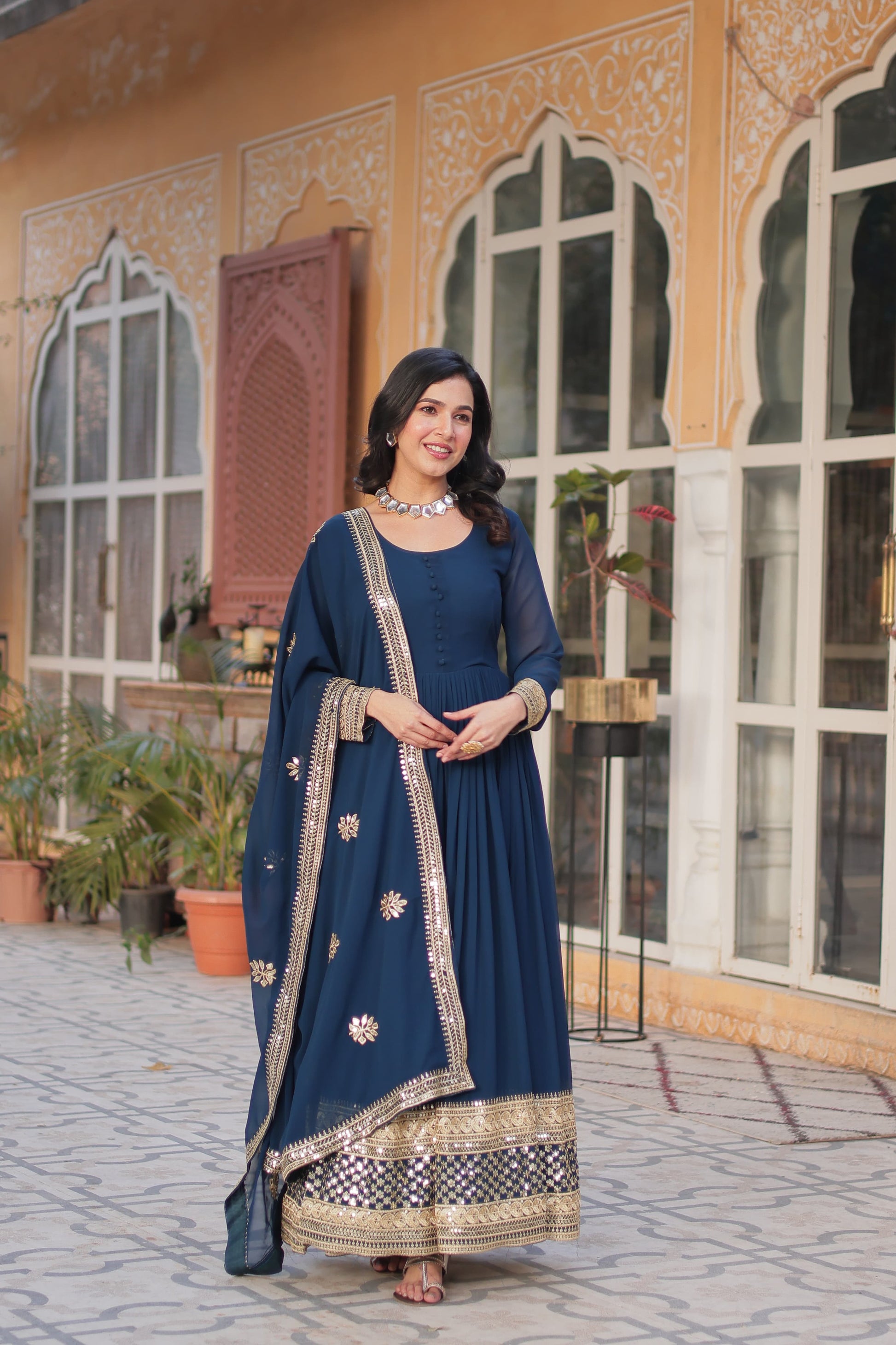 Good Looking Sequins Work Blue Color Gown