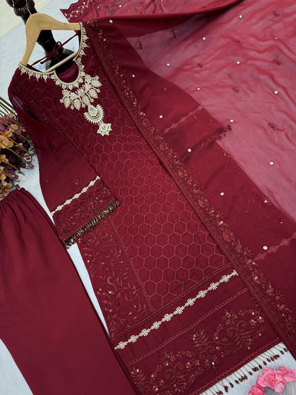 Designe Georgette Sequence Work Maroon Color Plazzo Suit