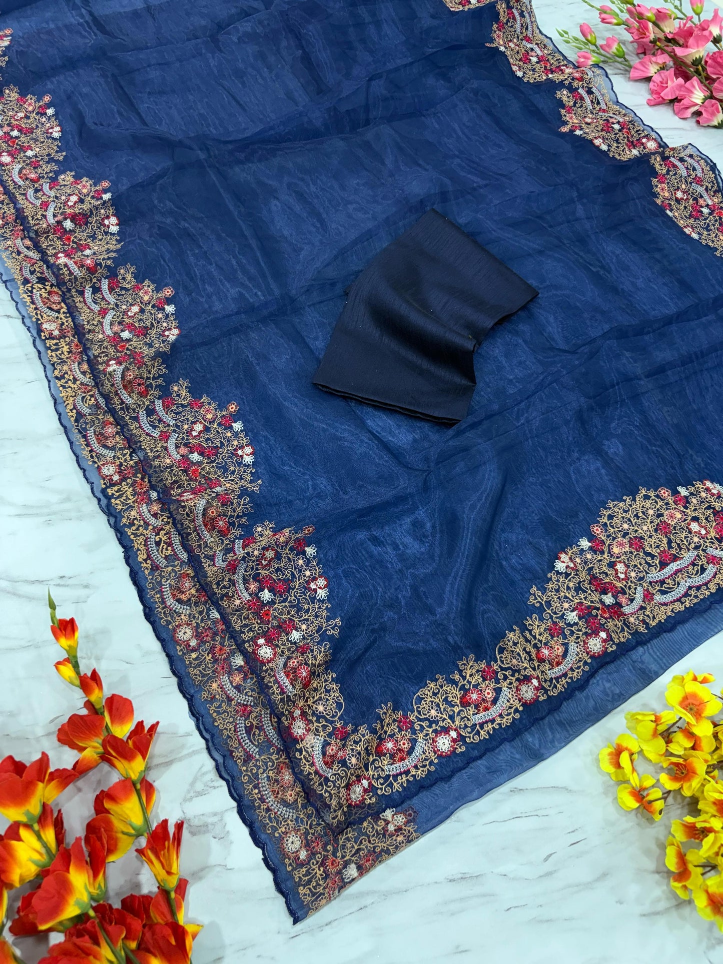 Lovely Organza Silk Navy Blue Color Saree