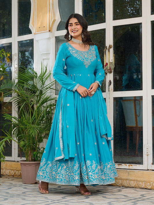 Fantastic Sequence Work Sky Blue Color Gown