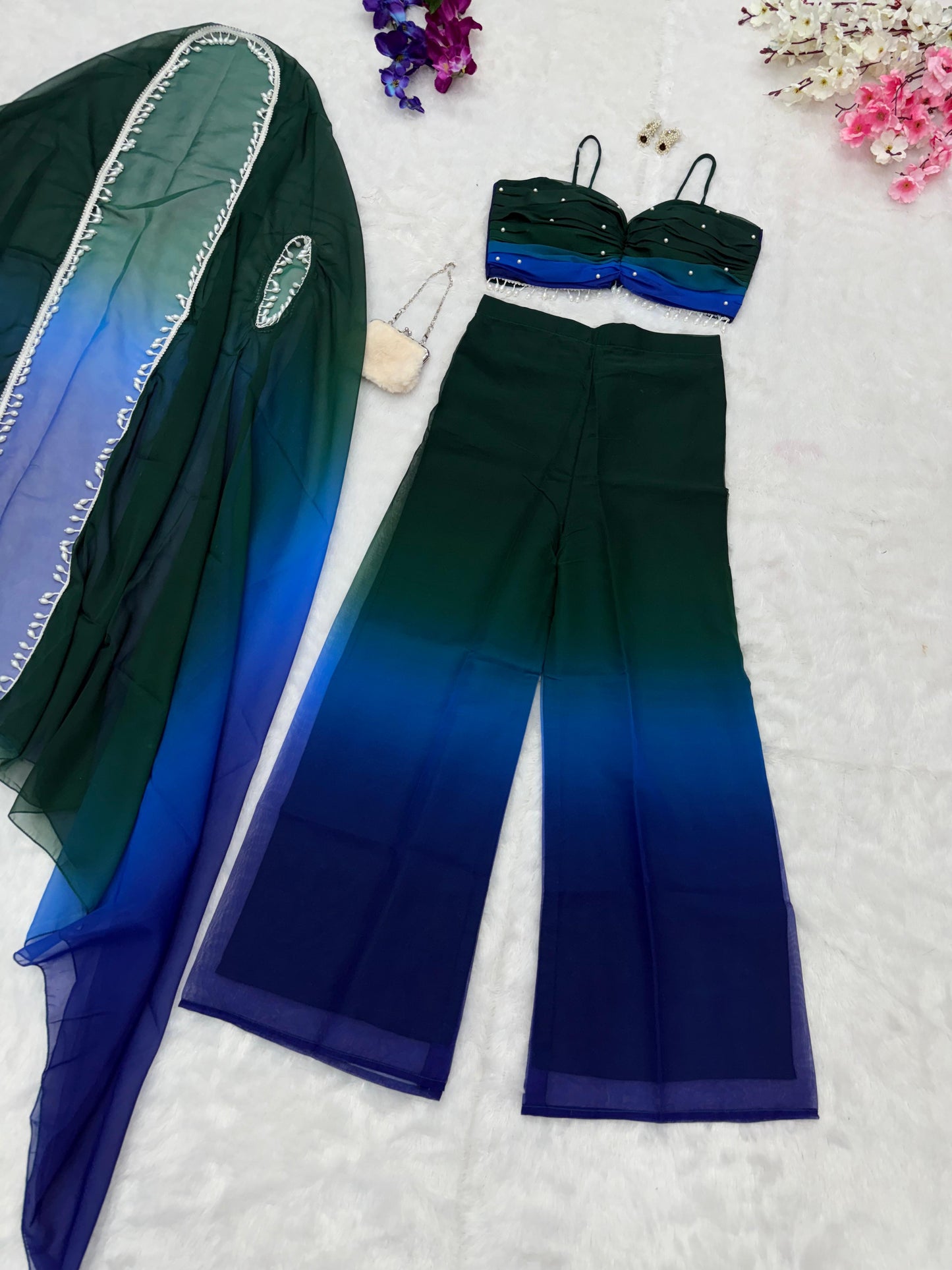 Outstanding Double Shaded Green Color Palazzo Top With Shrug