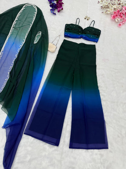 Outstanding Double Shaded Green Color Palazzo Top With Shrug