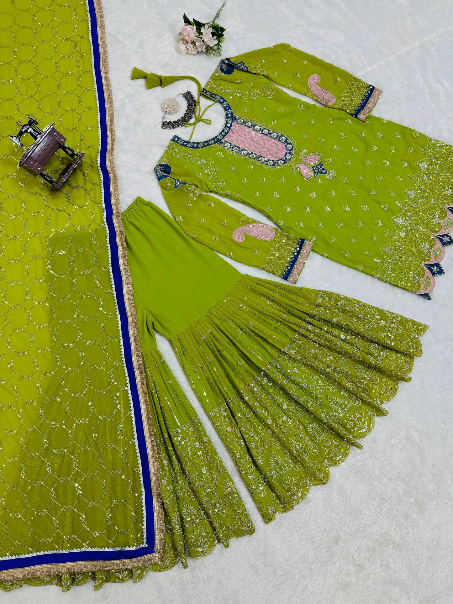 Thread with Sequence Work Green Color Sharara suit