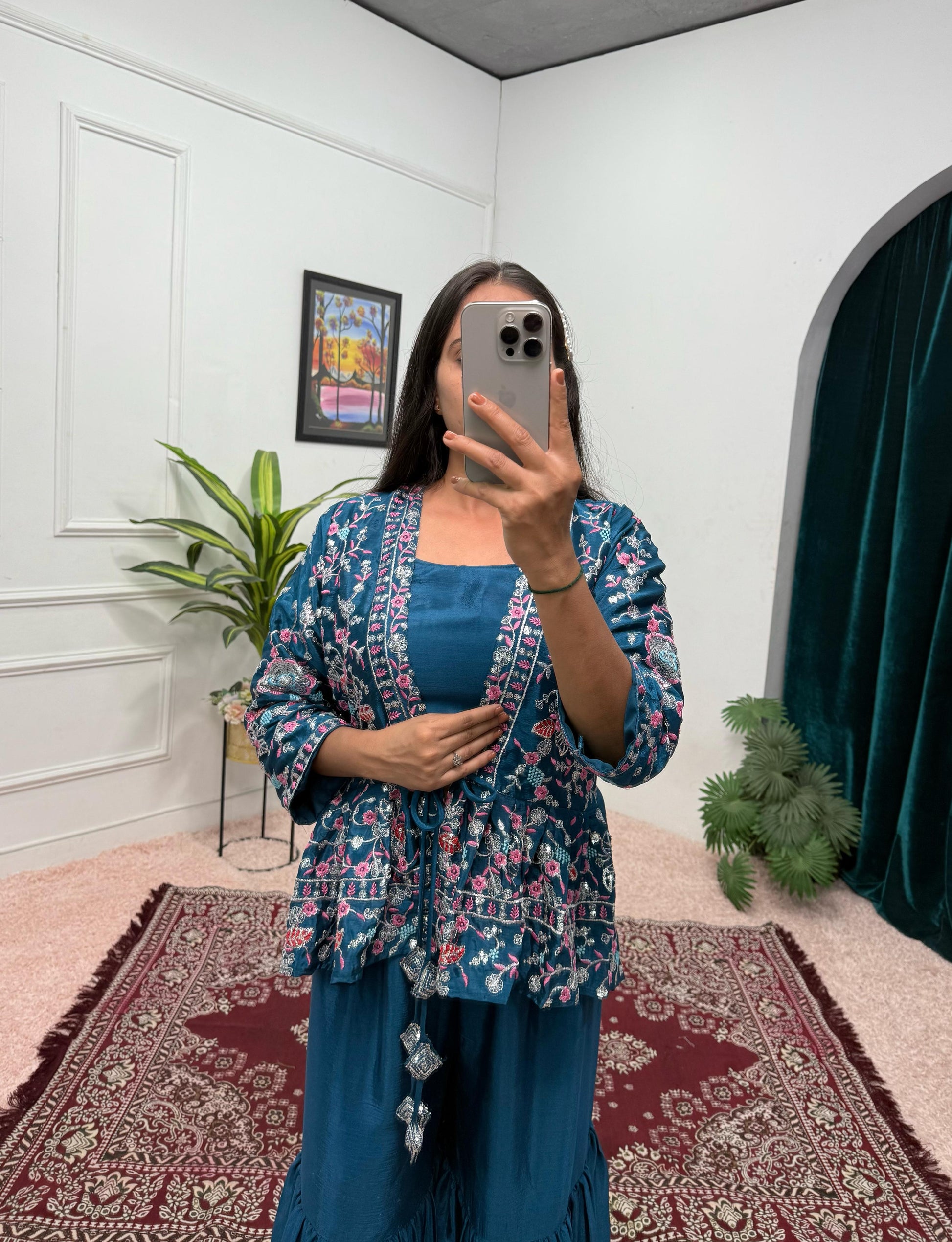Delightful Chinon Silk Teal Blue Color Sharara Suit