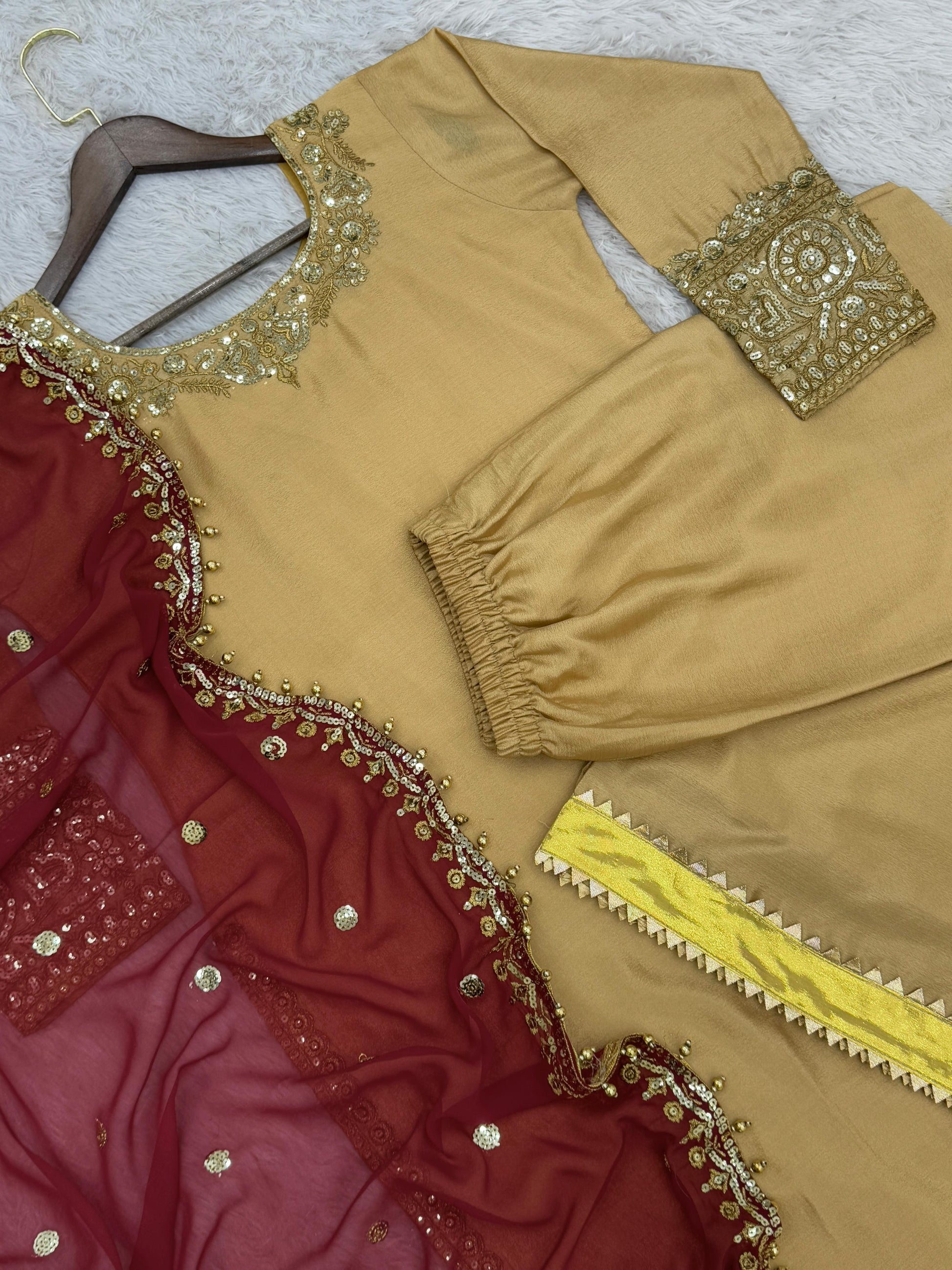 Good Looking Sequin Work Beige Color Top Palazzo With Dupatta