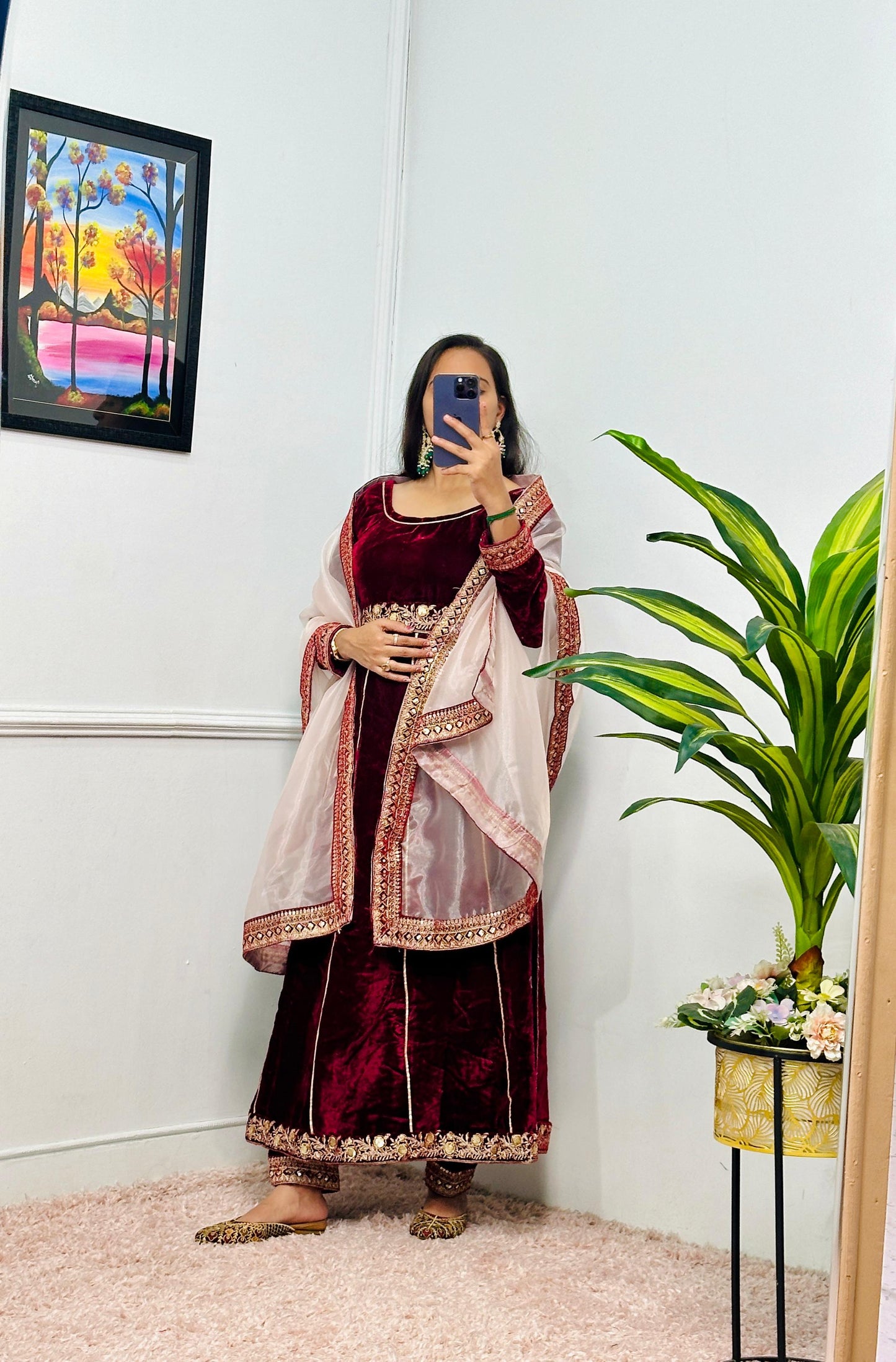 Designer Embroidery Lace Work Velvet Marron Color Gown