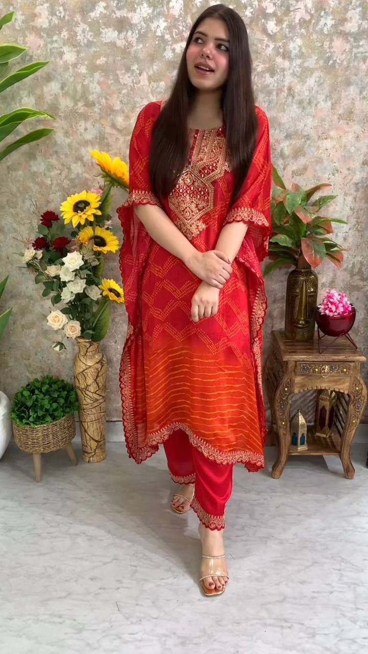 Blissful Chinon Embroidered Work Pink & Orange Color Kaftan Suit