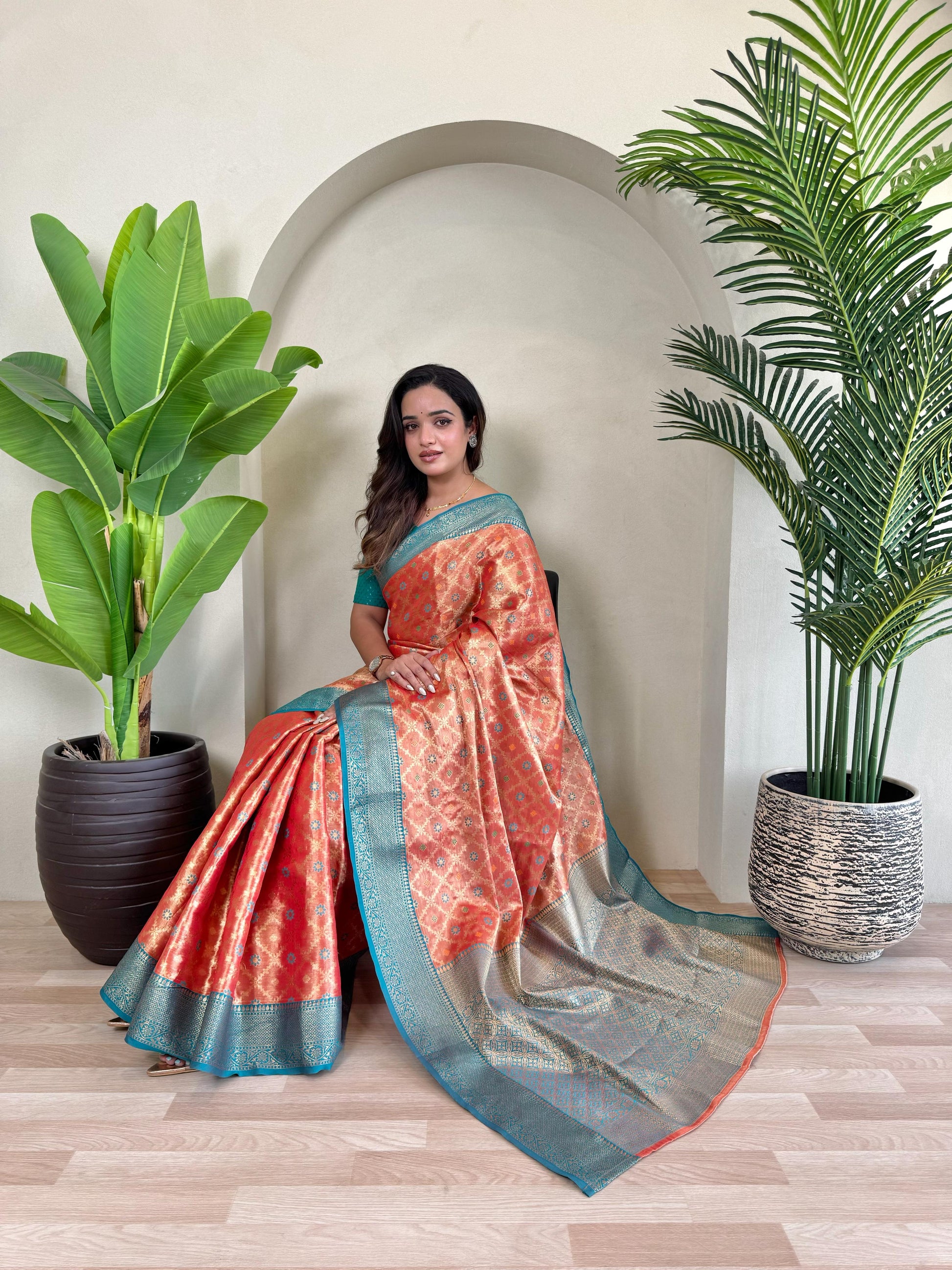 Designer Silk Zari Weaving Orange Color Saree
