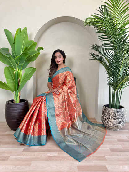 Designer Silk Zari Weaving Orange Color Saree