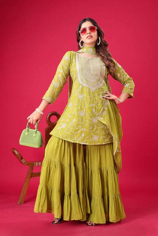 Designer Embroidery Work Perrot Color Sharara Suit