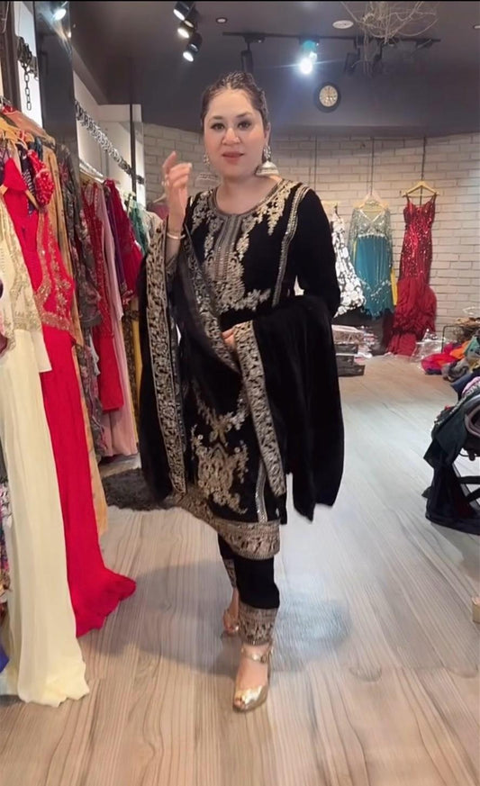 Exotic Viscous Embroidery Work Velvet Black Color Salwar Suit