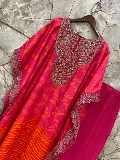 Blissful Chinon Embroidered Work Pink & Orange Color Kaftan Suit