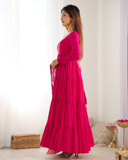 Elegant Pink Color Pure Roman Silk Chanderi Fabric Fully Flair Anarkali Gown With Dupatta