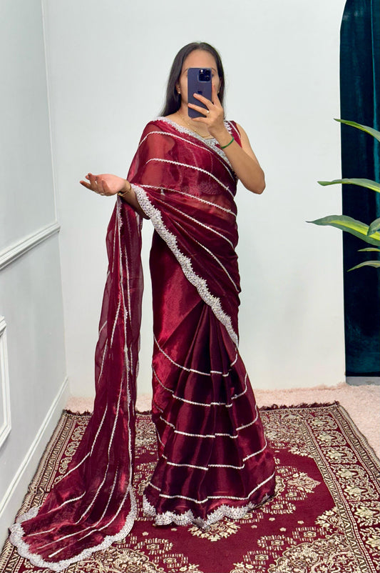 Peaceful Embroidery Zari Work Maroon Color Saree