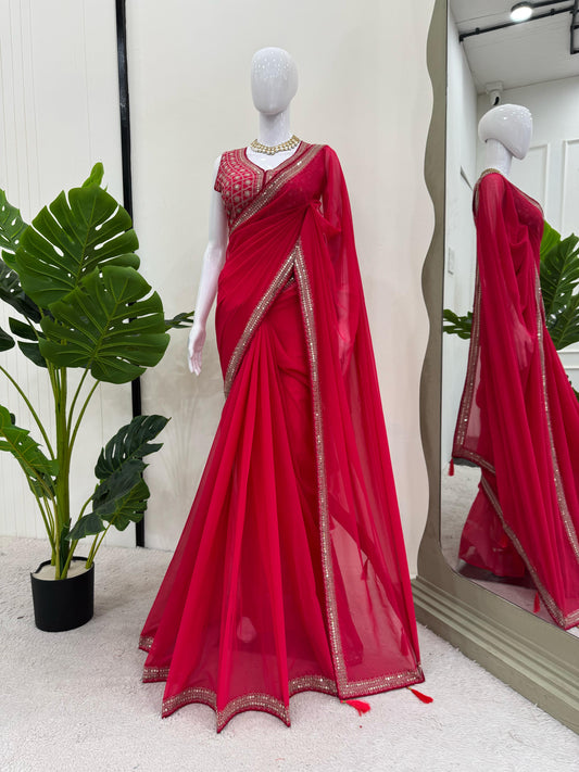 Delightful Red Color Georgette Saree