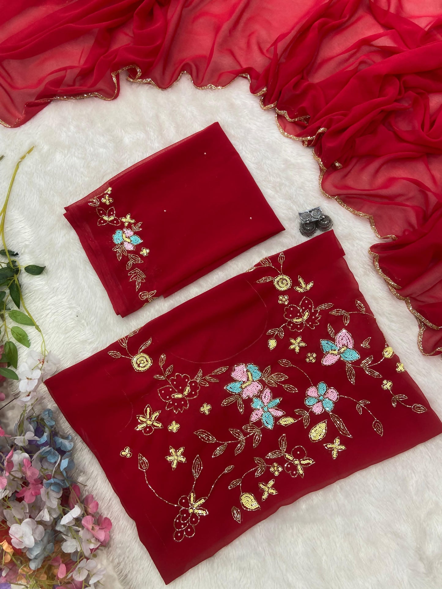 Elegant Georgette Hand Work Red Color Saree