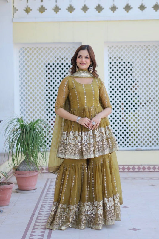 Opulent 3mm Sequence Work Menhndi Color Sharara Suit